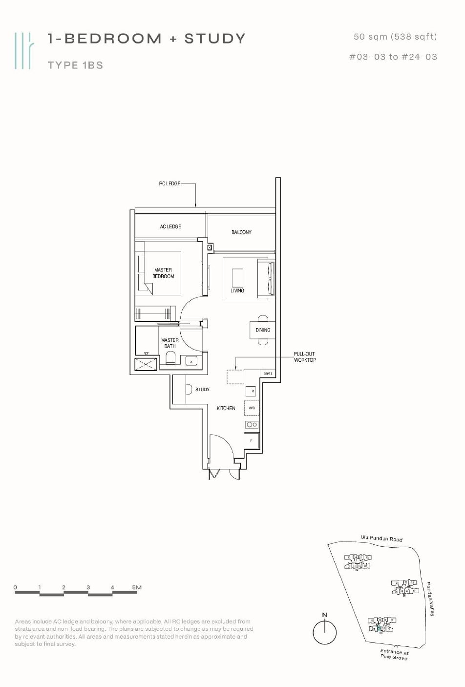 1-Bedroom + Study (538 sq ft)
