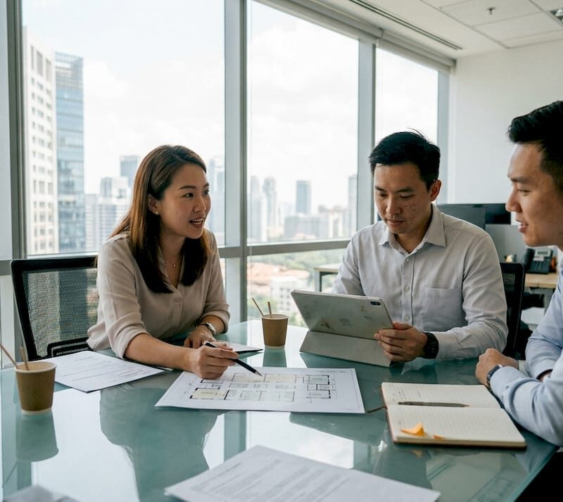 Business team in CBD office discussing documents