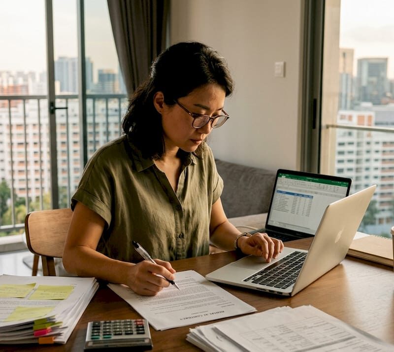 Investor reviewing rental paperwork in Singapore flat