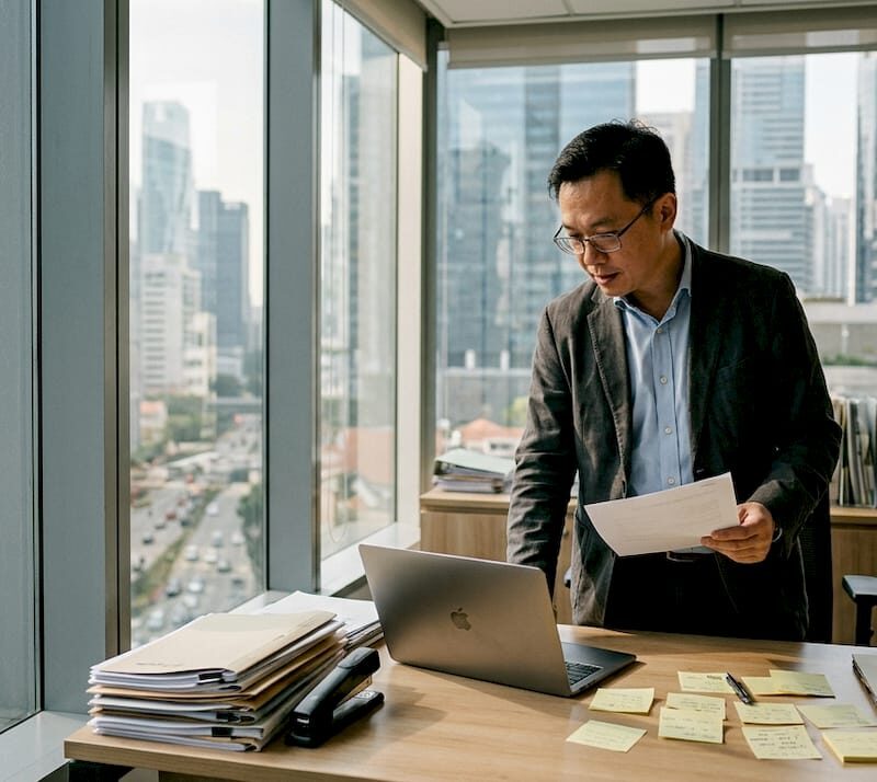 Leasing agent reviews leases in modern corner office