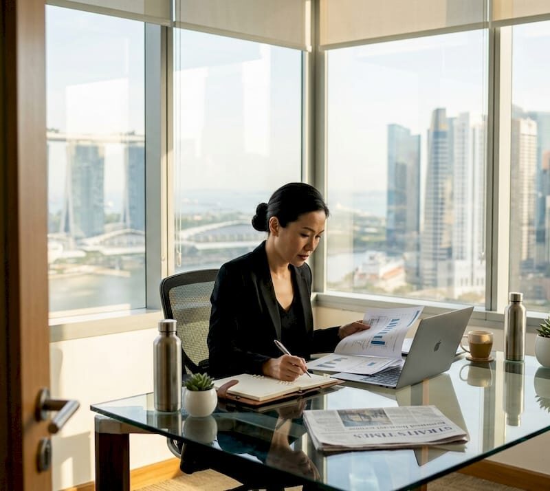 Executive working in Singapore CBD office workspace