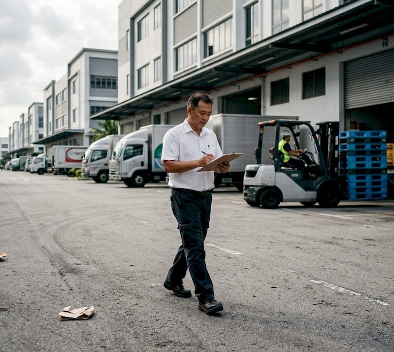 Logistics manager checks clipboard at Singapore industrial estate