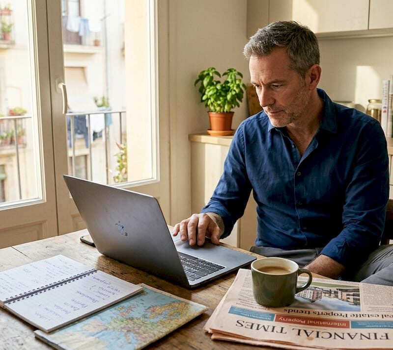 Investor reviewing property listings at kitchen table