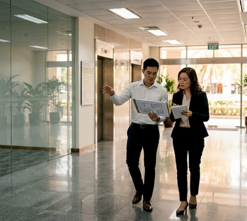 Professionals touring Singapore office property lobby