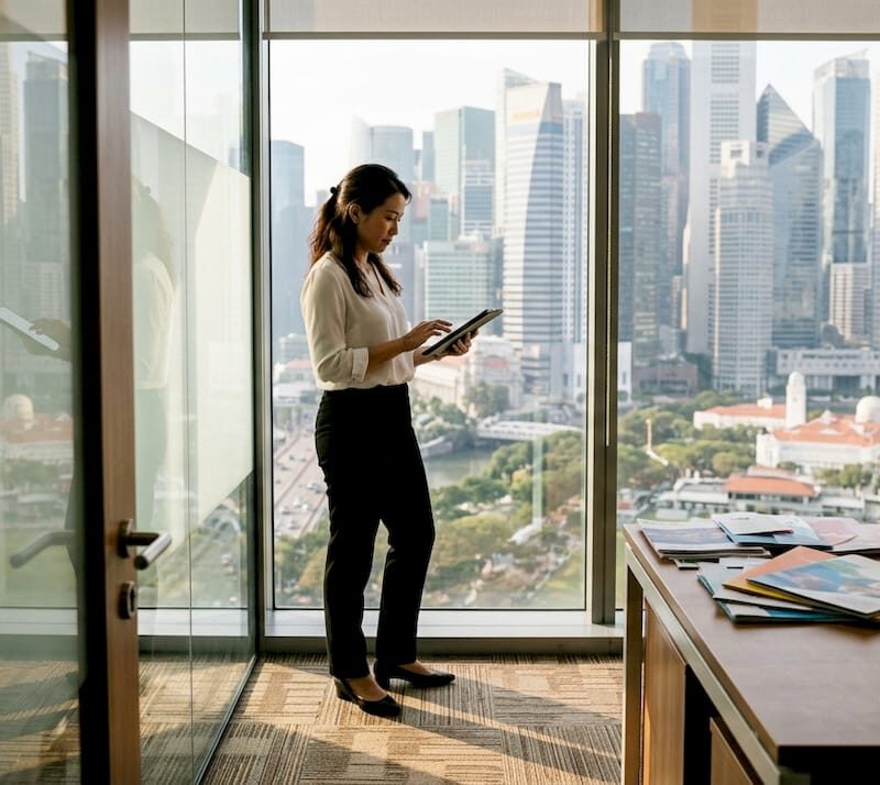 Businesswoman reviewing office lease terms in Singapore
