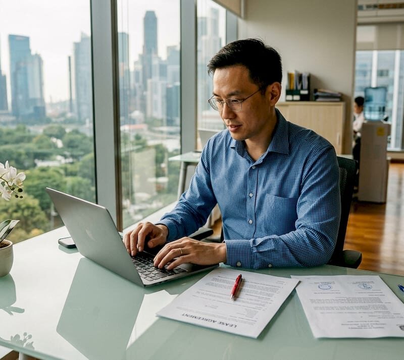 Property agent reviewing lease agreement Singapore office