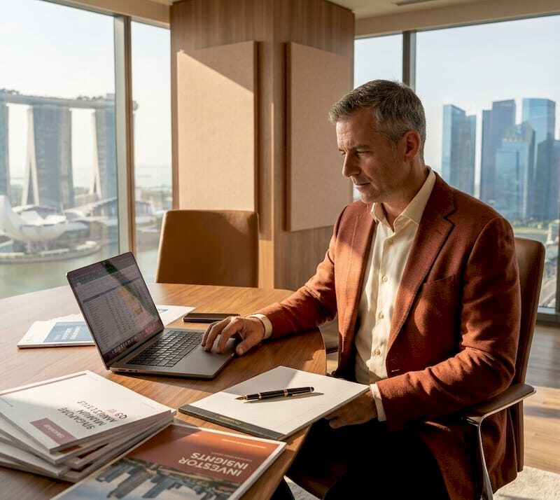 Investor in Singapore office reviewing market reports