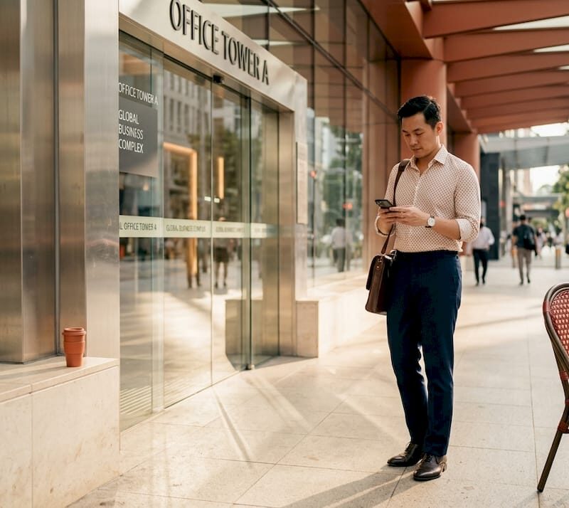 Professional outside Singapore commercial building entrance