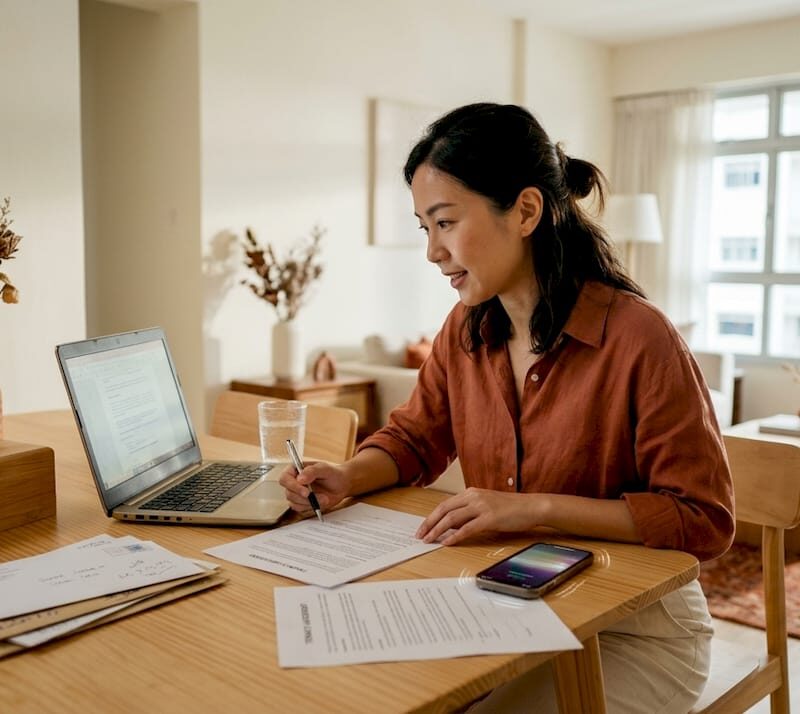 Property owner reviews rental agreement at home table