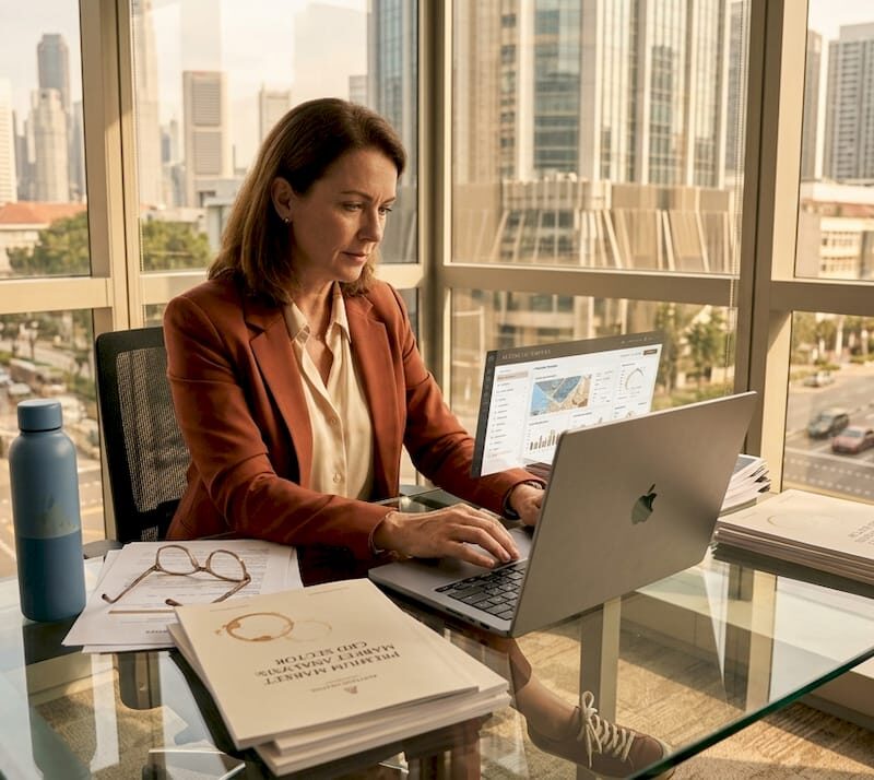 Professional reviewing reports overlooking Singapore skyline