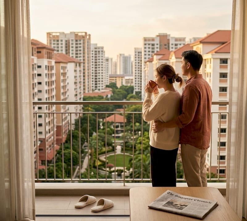 Couple viewing city from high-rise balcony