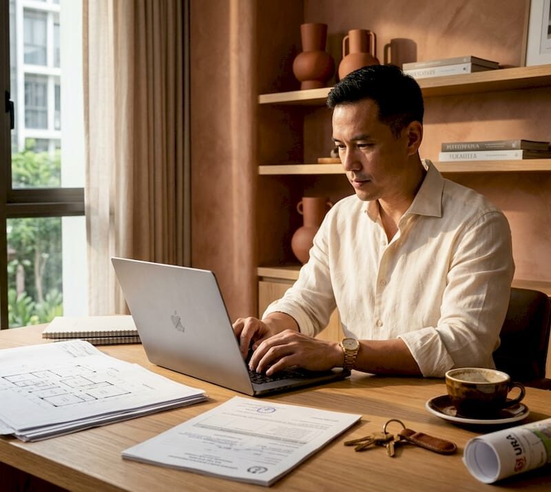 Investor reviewing building plans in office