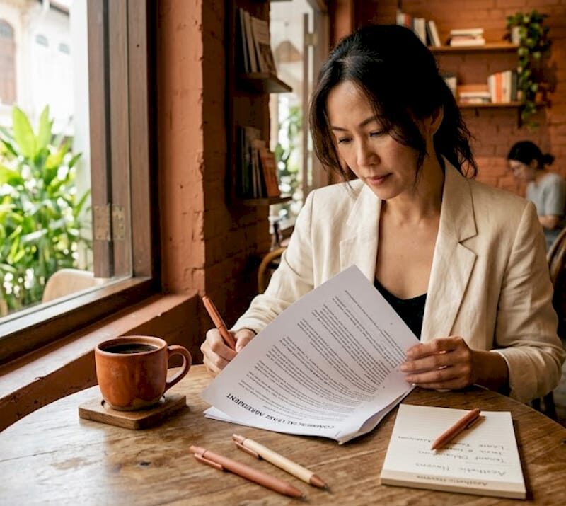 Woman reviewing lease documents in Singapore office