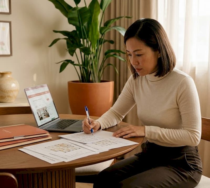 Agent reviewing property documents at home table