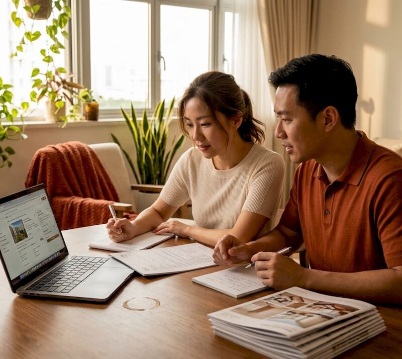 Couple reviews property papers at home