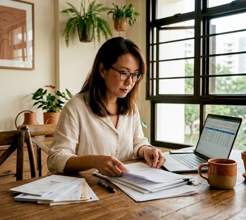 Singapore landlord reviewing rental paperwork at home