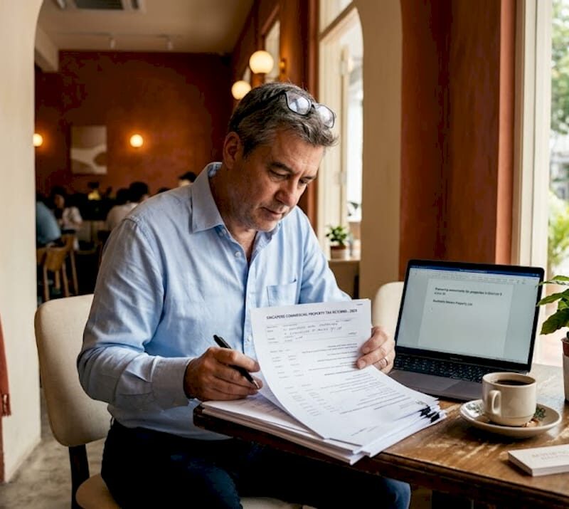Business owner reviewing property tax documents