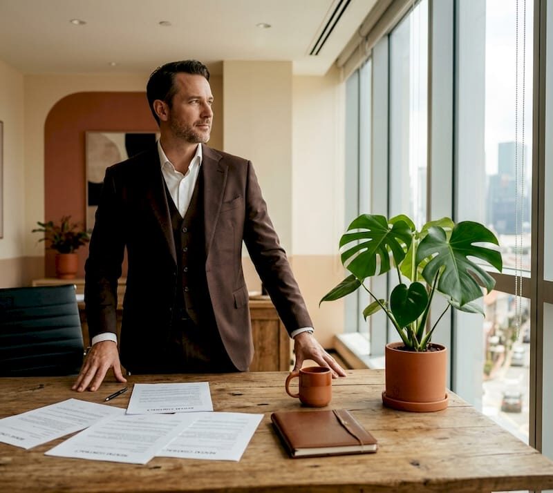 Investor surveying Singapore office investment workspace