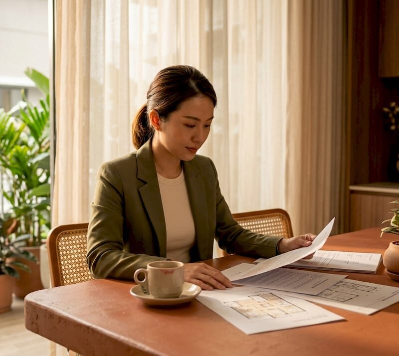 Agent reviews real estate papers in condo