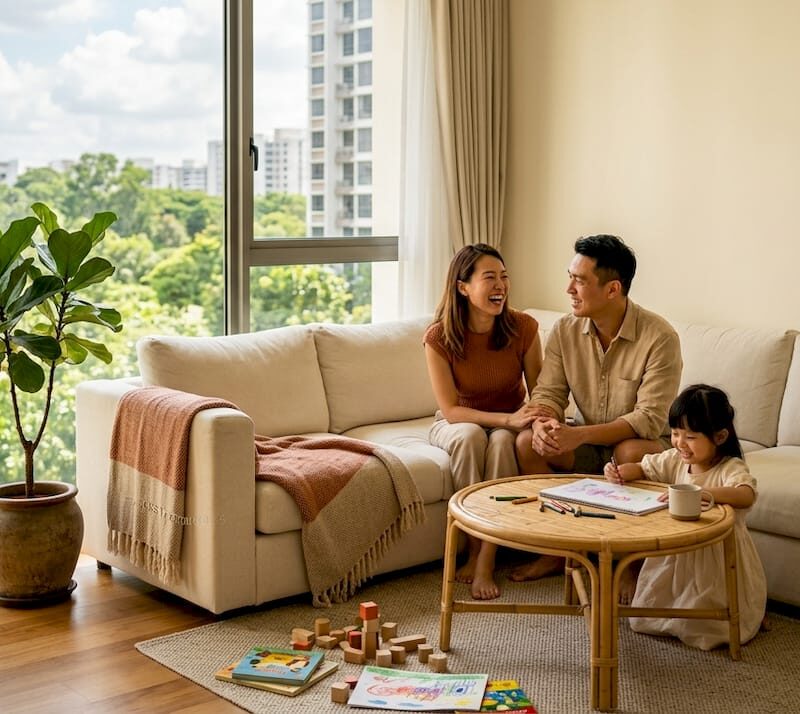 Family relaxing in Singapore executive condo living room