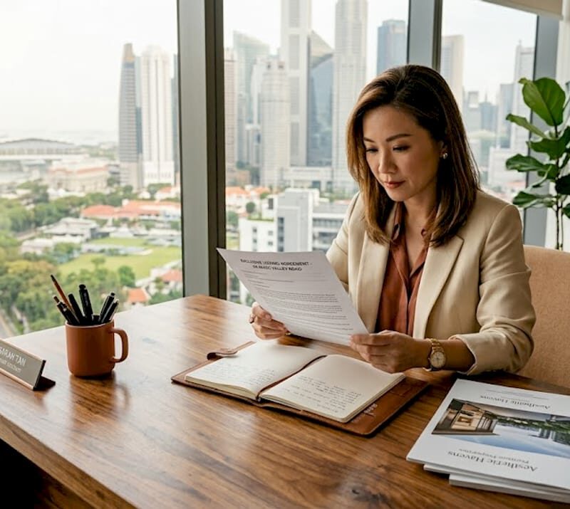 Agent reviewing exclusive listing document in office