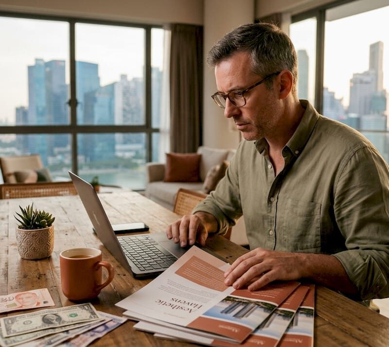 Man reviewing property investment materials at home