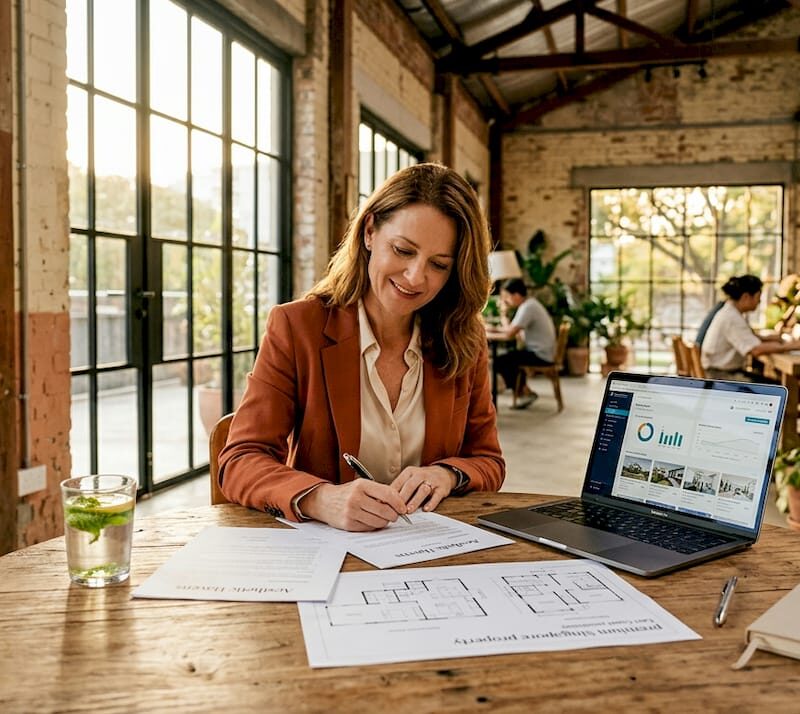 Businesswoman reviewing industrial lease documents at office table
