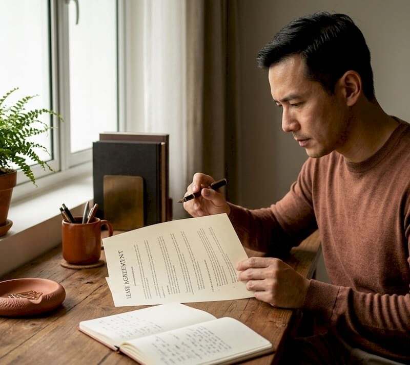 Landlord reviewing lease agreement in office