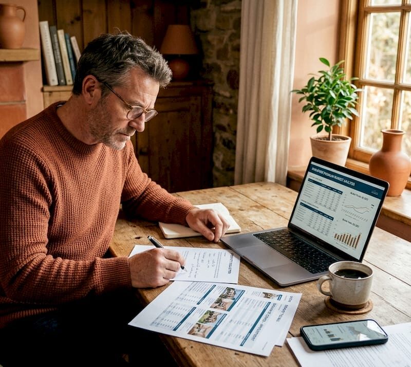 Investor reviewing property listings at kitchen table
