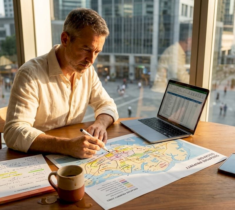Analyst examining commercial property map in office
