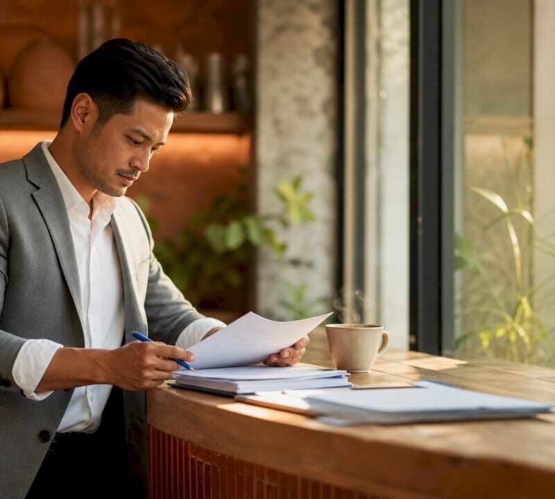 Property manager reviewing rental agreements in office