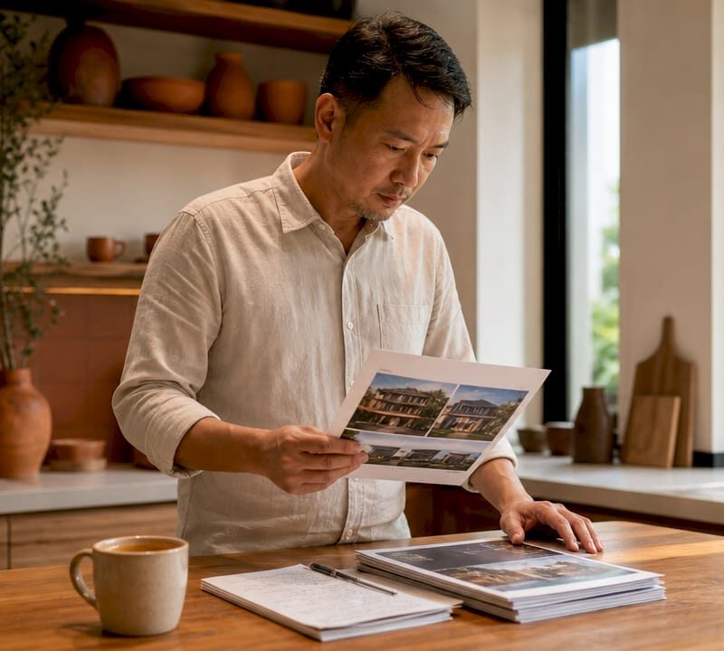 Investor reviewing property portfolio documents at home