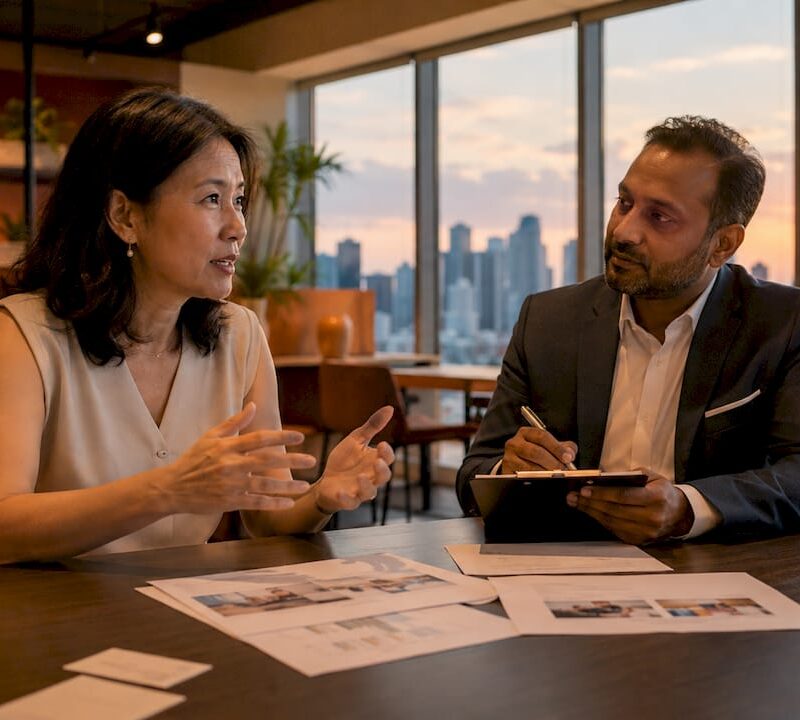 International property consultant advising client in office