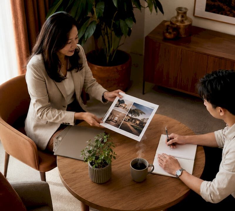 Property consultant advising buyer in office