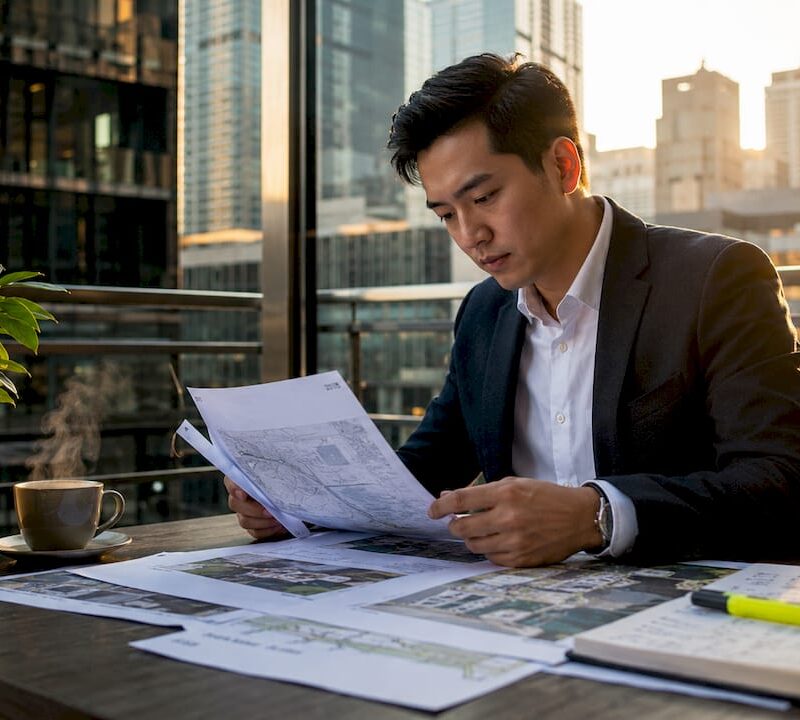 Investor reviewing industrial asset documents