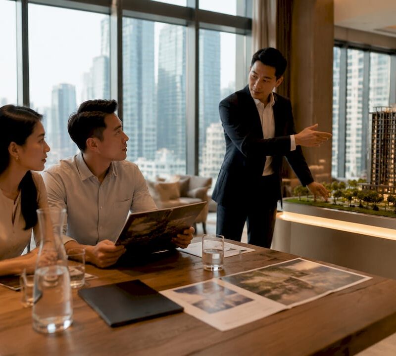 Couple reviewing new condo brochure in showroom