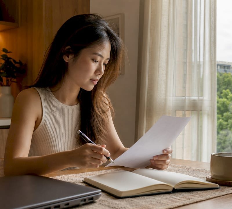 Investor reviewing property checklist at desk