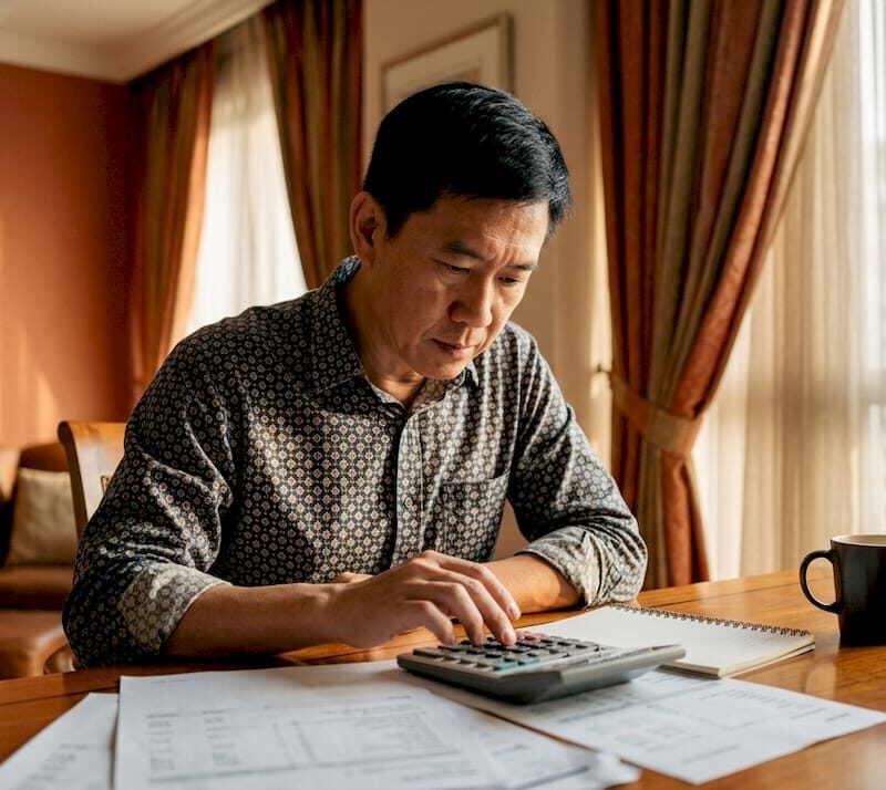 Man calculating TDSR at home desk