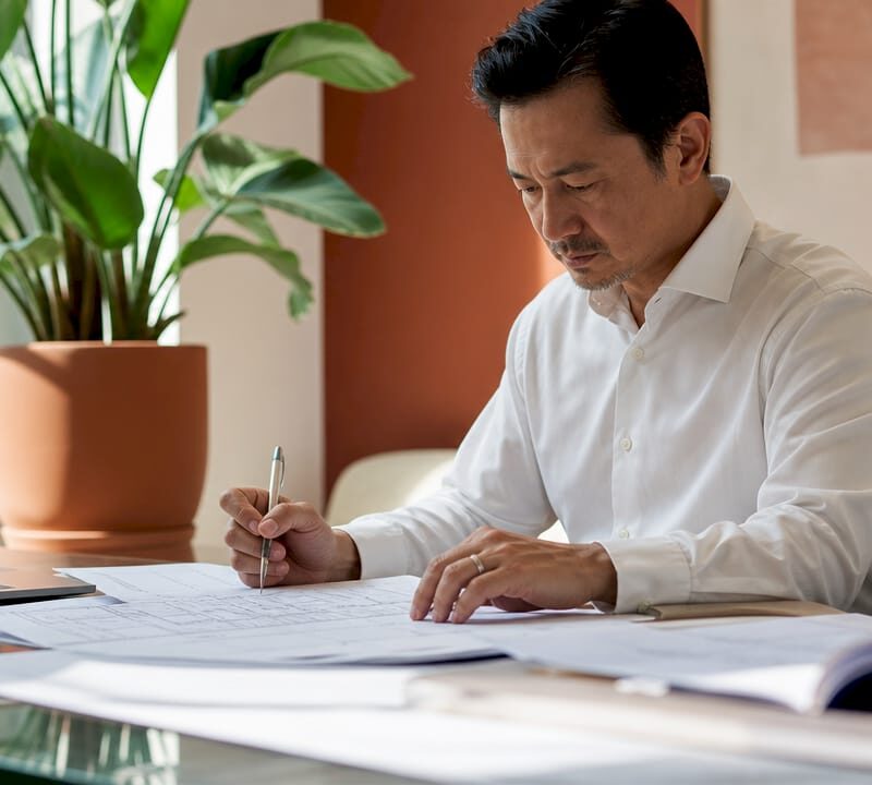Property manager reviewing risk assessment documents
