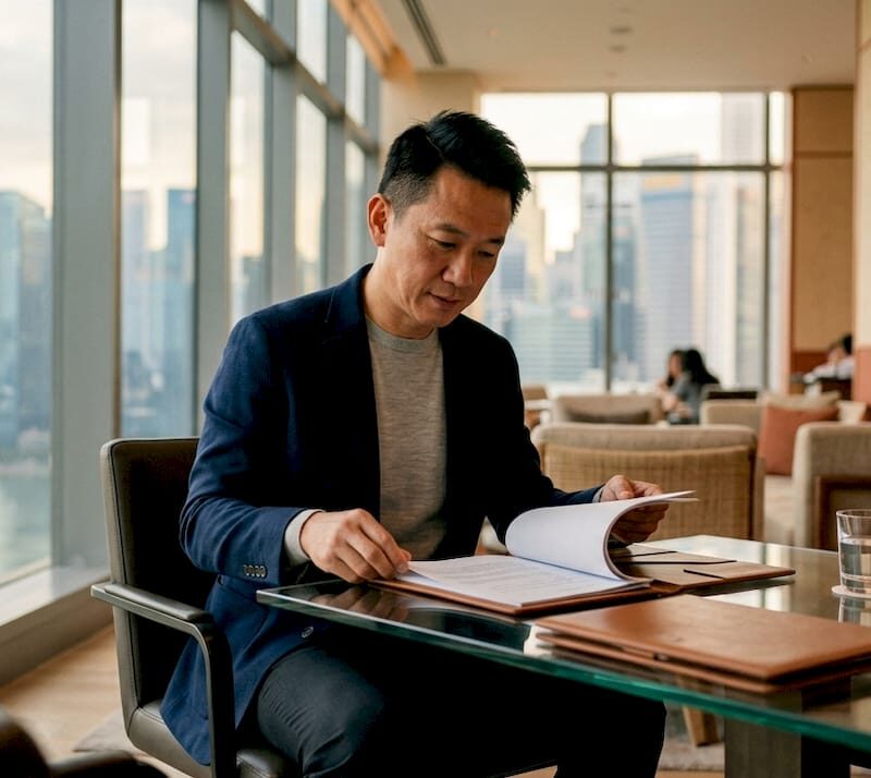Businessman reviewing commercial property documents in office