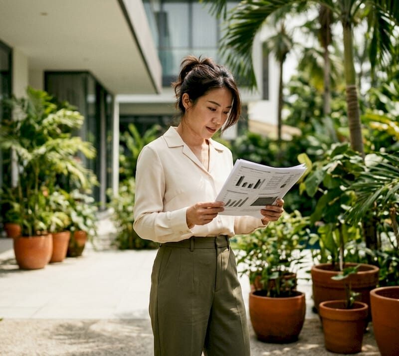 Woman reviewing international real estate report in home office