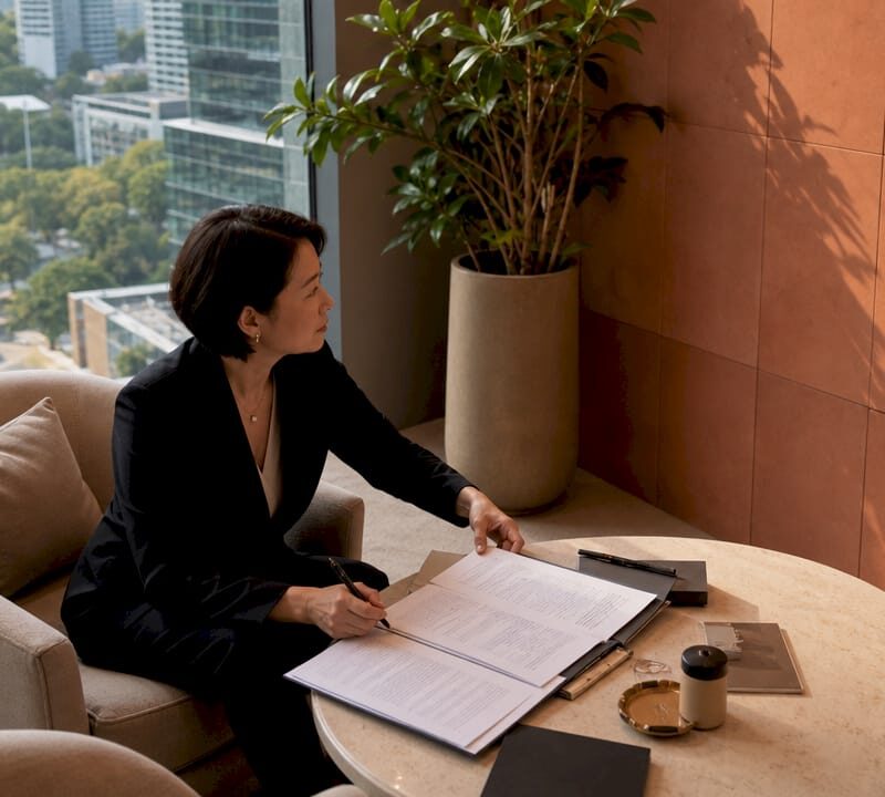 Businesswoman reviewing property sales documents in office
