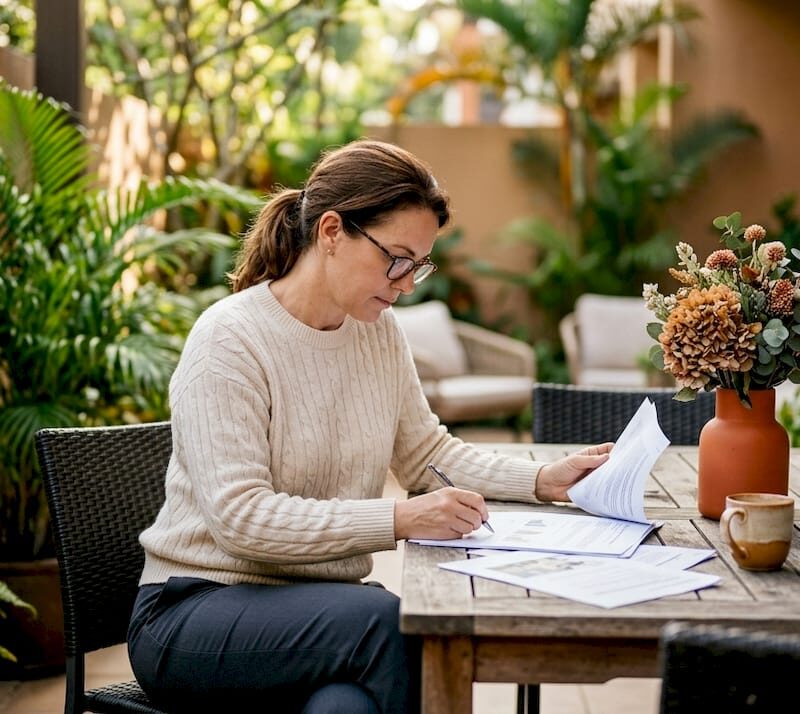 Real estate investor reviewing documents at home desk