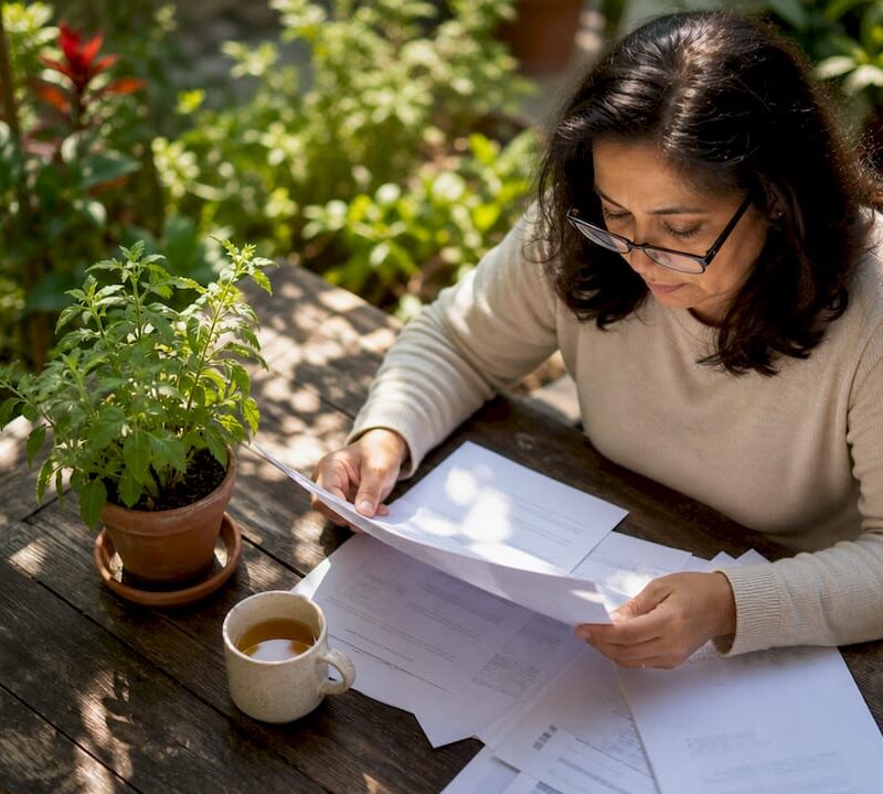 Homeowner reviewing property tax documents at table