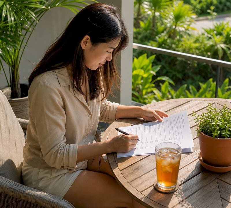Buyer reviewing property checklist at condo table