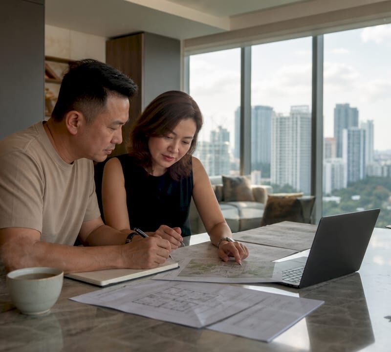 Couple reviewing property documents at home