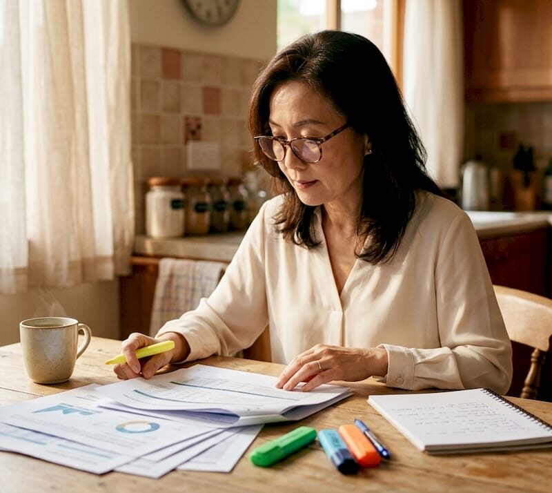 Investor reviewing property documents at home desk