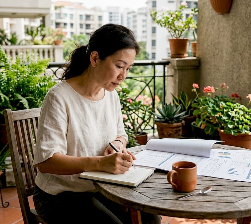 Investor reviewing property investment documents at home