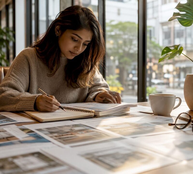 Young woman planning real estate investment at home