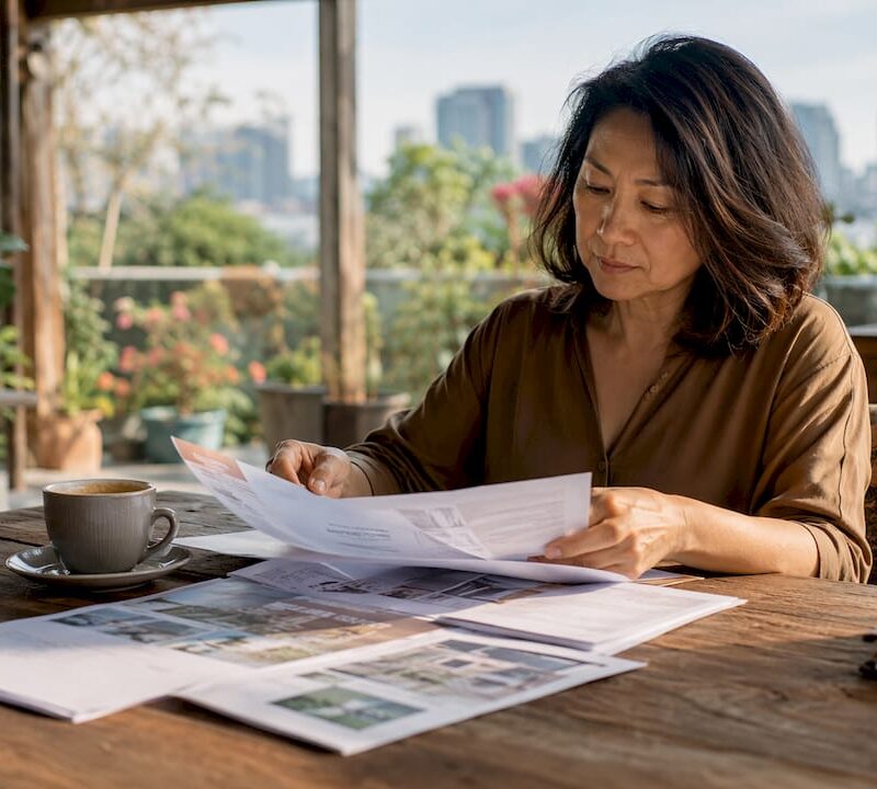 Investor reviewing property reports in workspace